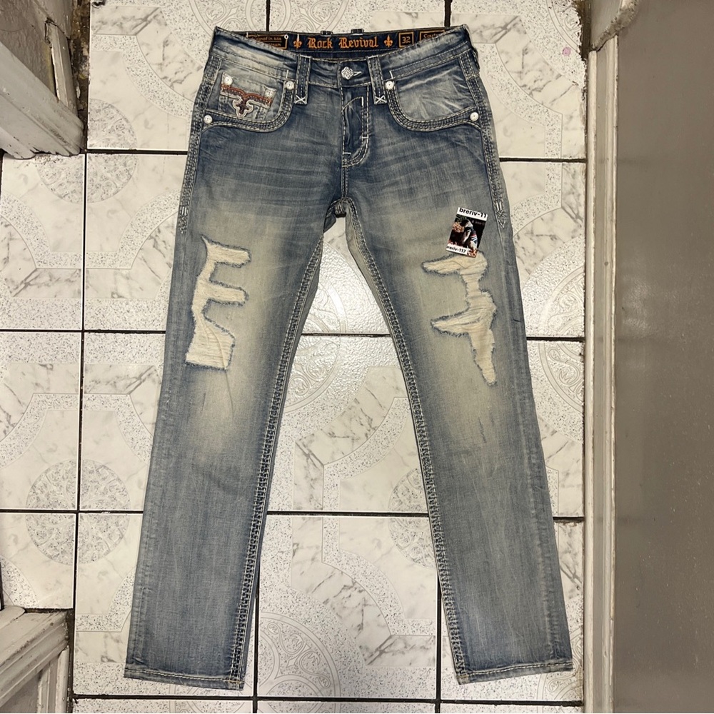 New Rock Revival “Creston” Slim Straight Denim Distressed Jeans Men’s Size 32